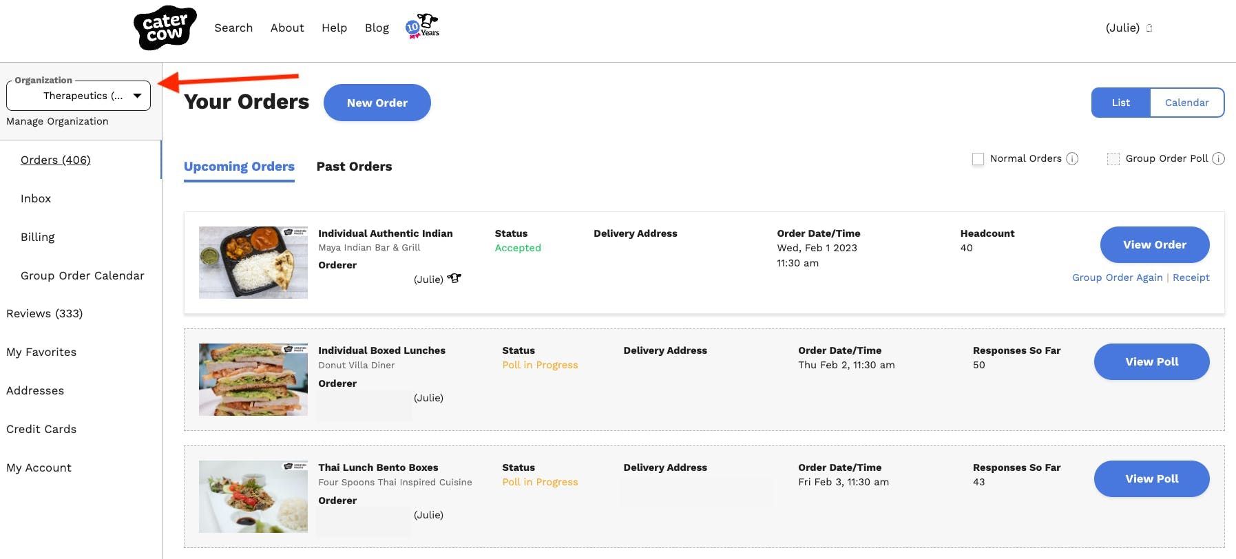 Location of organization dropdown in customer dashboard